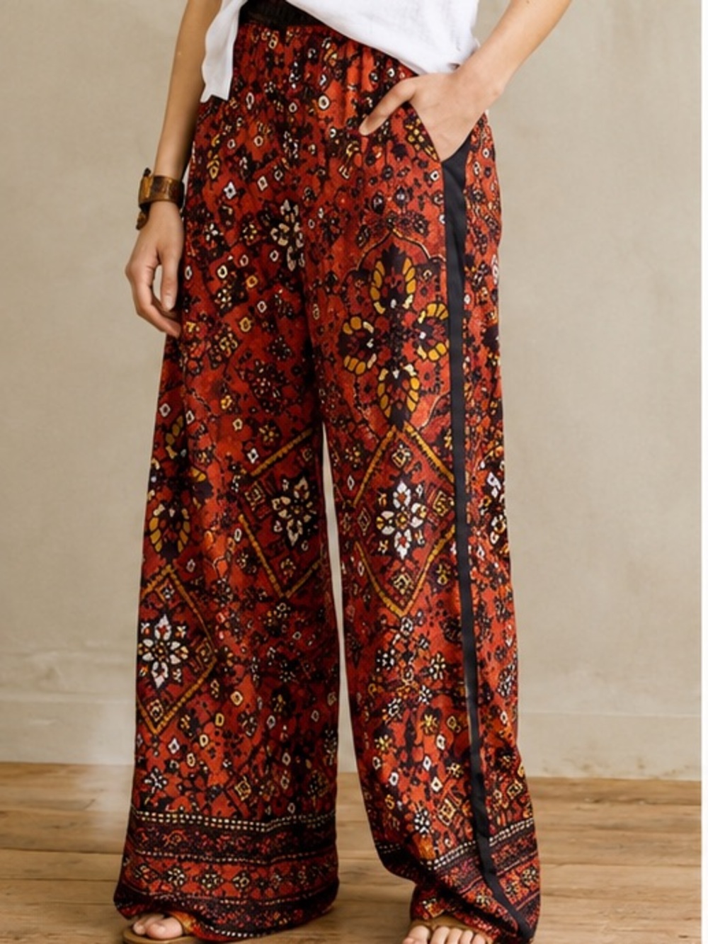 Anthropologie Wide Leg Boho Print Pants XS Orange Red Floral Palazzo Pants